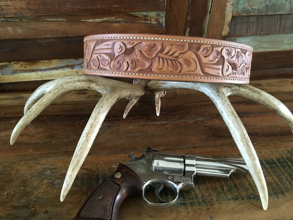 Tex Shoemaker Border Patrol Style Brown Floral Carved Leather Holster Gun Belt