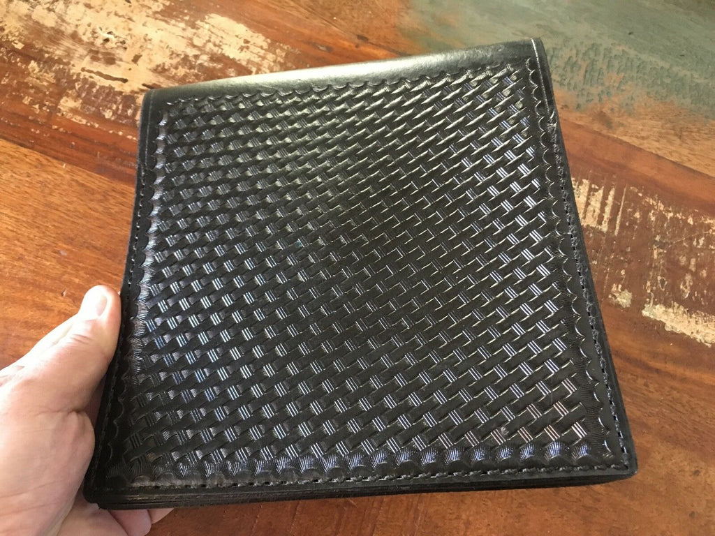 Tex Shoemaker Black Basketweave Leather Police Notebook Cover Holder 8 x 8 1/4"