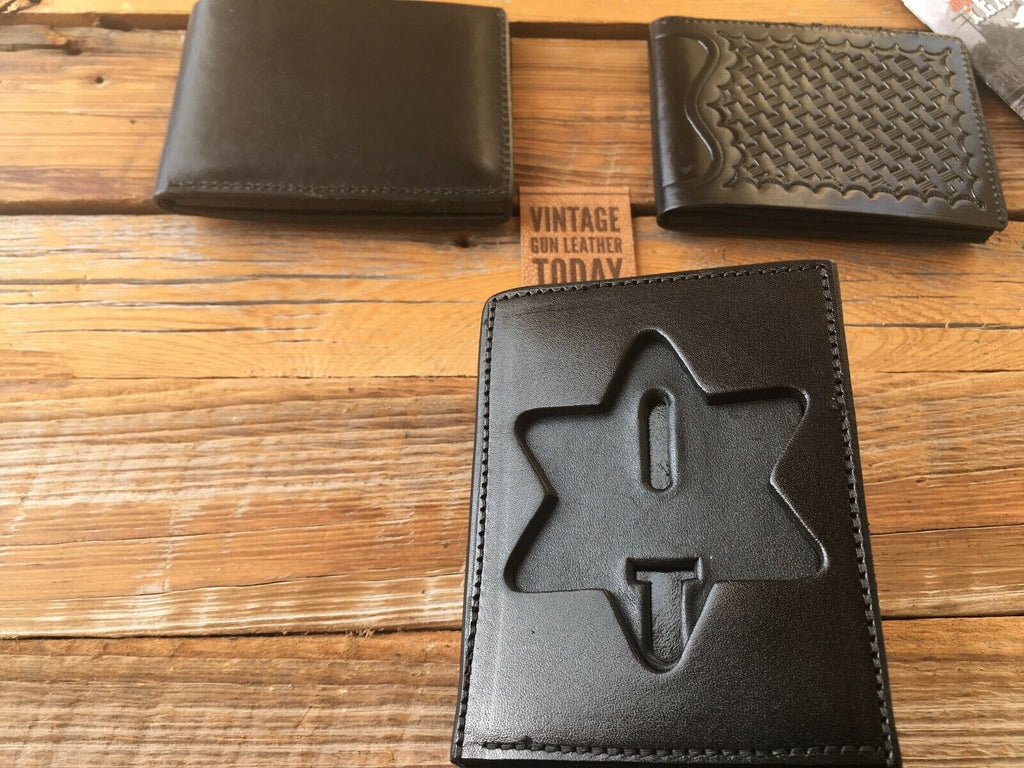 Tex Shoemaker Plain Black Leather 6 Point Star Police Badge ID Wallet Sheriff