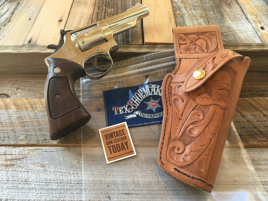 Tex Shoemaker Floral Carved Brown Leather 50A Holster for S&W K Frame Revolver