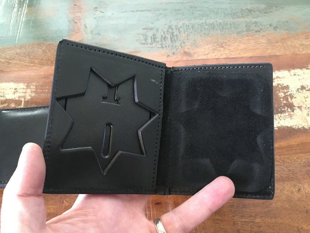 Vintage Tex Shoemaker Black Leather Police Sheriff 7 Point 3 " Star Badge ID Wallet