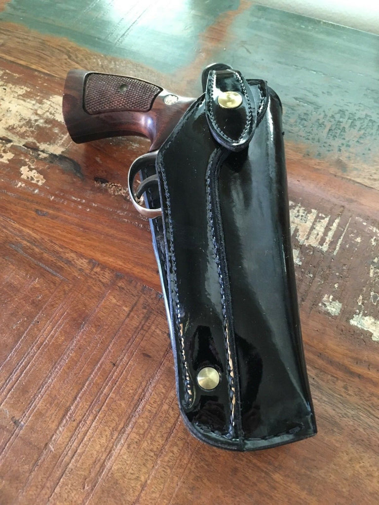 Vintage 1960s Tex Shoemaker Clarino Gloss Leather Cross Draw 5" N Revolver Holster